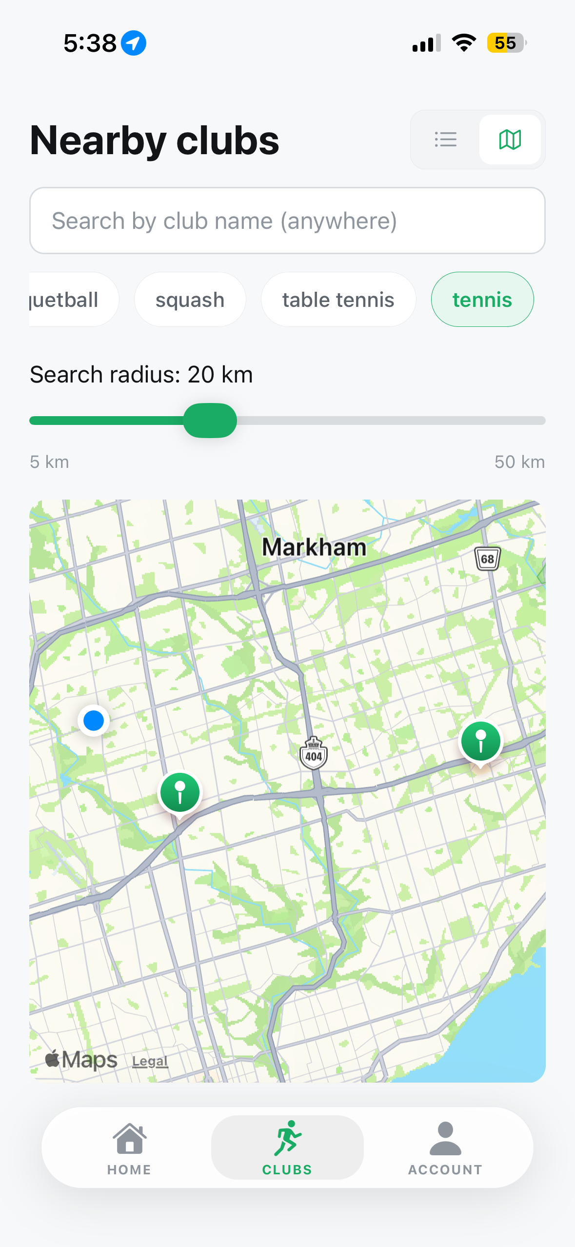 Nearby clubs on a map, filtered to tennis