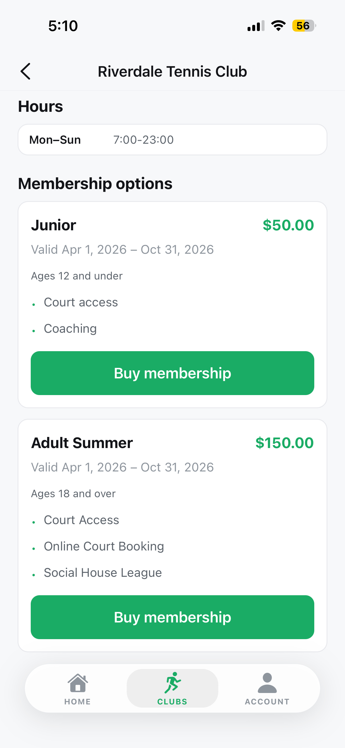 Membership options and a buy button for a tennis club